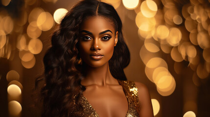 African American woman luxury in gold on golden sparkling background, girl in golden dress.. - obrazy, fototapety, plakaty
