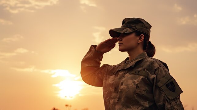 Female Army Solider Saluting against sunset sky.