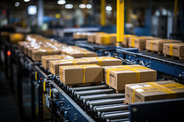 cardboard boxes on a roller conveyor belt, delivery and sorting of parcels and goods.​