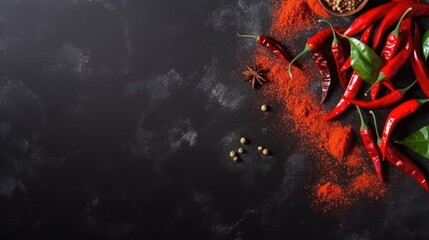 Flat lay composition with powdered and raw chili peppers on dark background. Space for text.