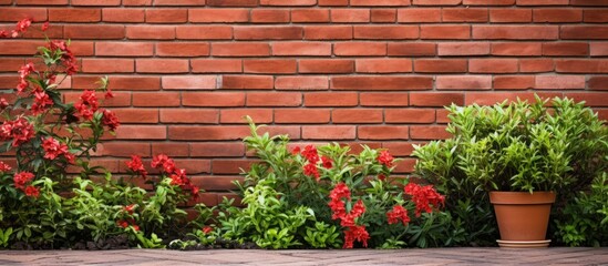 Fototapeta na wymiar Red brick wall behind a garden