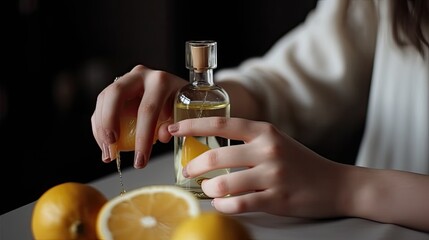Girl disinfecting hands with cologne. Turkish Lemon cologne with 80 degree alcohol for disinfection and killing the viruses on your hands. - obrazy, fototapety, plakaty