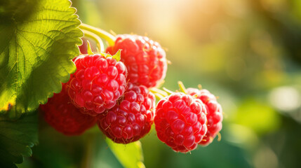 Close-up raspberry plant with ripe red raspberries in orchard.