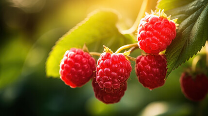 Close-up raspberry plant with ripe red raspberries in orchard.