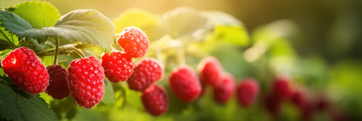 Close-up raspberry plant with ripe red raspberries in orchard.