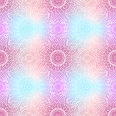 Flowers and mandalas on bright gradient background. Seamless vector illustration