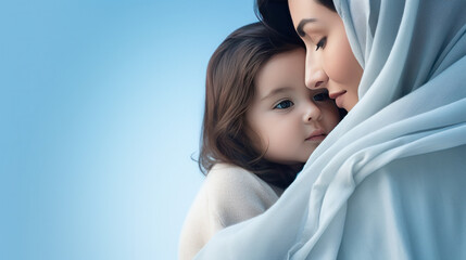 Mother and child on a light blue background embracing, Mothers day concept.