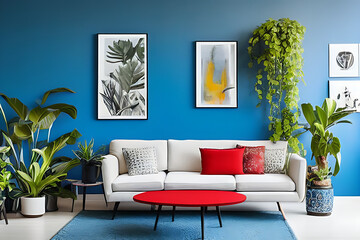 A Crimson Couch and Coffee Table, Potted Plants, Nile Blue Theme Wall with Vertical Blank Poster in a Minimalist Room