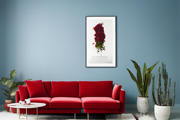 A Crimson Couch and Coffee Table, Potted Plants, Nile Blue Theme Wall with Vertical Blank Poster in a Minimalist Room