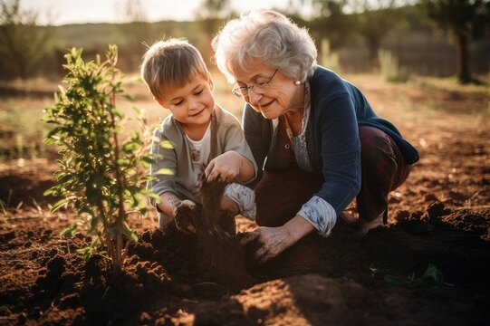 Grandmother and grandson planting a plant together