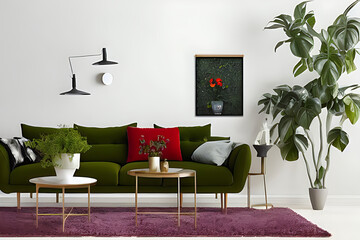 A Crimson Couch and Coffee Table Potted Plants Olive Colors