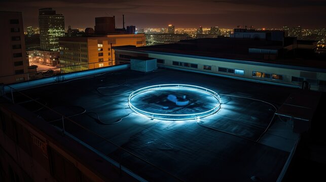 Light painted circle on roof of building in city.
