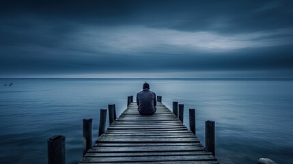 Man is thinking on the edge of pier. Image was shot with long exposure.
