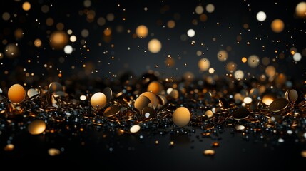 Shimmering gold confetti falling on a black background. AI generate illustration