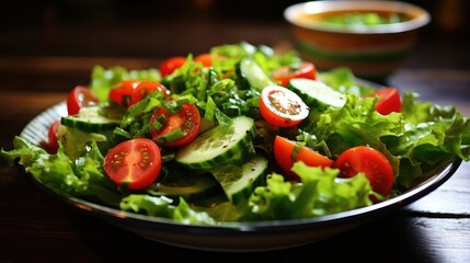 Green salad from leaves, tomatoes and cucumbers close up