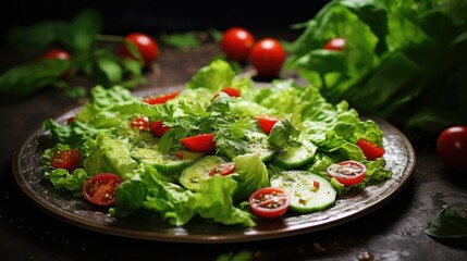 Green salad from leaves, tomatoes and cucumbers