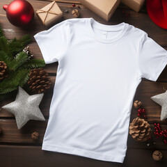 White t-shirt mockup on dark wooden background with christmas decoration