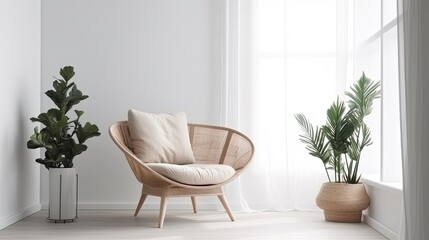 modern interior with comfortable armchair and plant on white background.