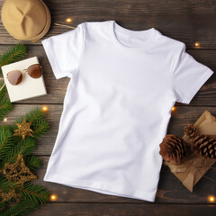 White t-shirt mockup with christmas decorations on wooden background