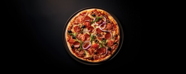 Fototapeta na wymiar Pepperoni pizza with cheese, cherry tomatoes, red onion and olives