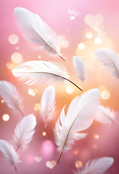 Flying fluffy white feathers in front of rose gold background with bokeh and glowing hearts. Design for a smartphone screensaver. Vertical.