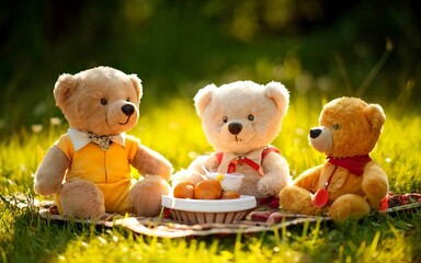 Adorable teddy bears enjoy a picnic amidst a sunlit meadow, capturing the innocence and sweetness of love