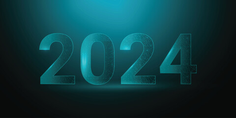 2024 happy new year in technology digital style on blue background. Low Poly lines and dots background.