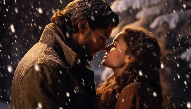 African American Couple In Love Standing Close To Each Other At Snow Falling In Evening