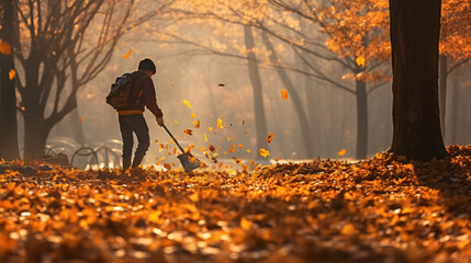 Cleaning autumn leaves in park
