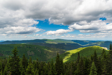 View from Vegetacni chodnik between Svycarna and Sokol hill in Jeseniky mountains in Czech republic - obrazy, fototapety, plakaty