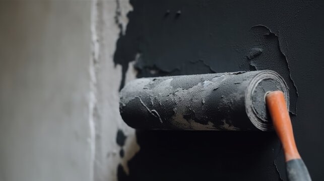 Paint roller on the wall during painting - renovation of the building facade in dark gray.