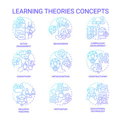 Set of 2D gradient thin line icons representing learning theories, isolated vector, simple illustration.