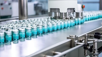 pharmaceutical industry, medicine pills are filling in the bottle on production line machine conveyor at the medical factory. selective focus.