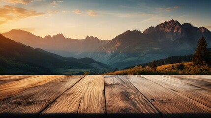 Wooden table with a background of a mountain landscape during sunrise 