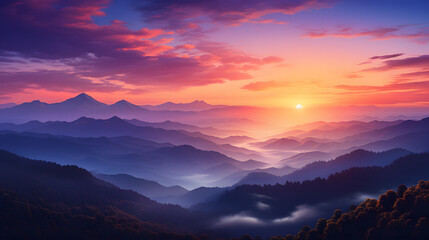 Obraz premium A breathtaking shot of a mountain range at sunrise, with the sky transforming from deep purples and pinks to golden yellows and vibrant oranges, painting a vivid gradient on the horizon.