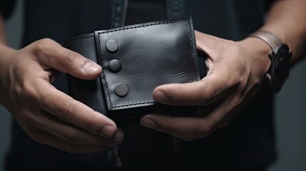 Poor man bankrupt with no credit in debt hand hold empty black leather wallet because economy down turn depression crisis fail working saving finance money plan loss job unemploy. No money to pay. - obrazy, fototapety, plakaty
