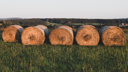 A golden field of hay bales, a serene lake at a sunset.