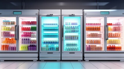 Refrigerators different types of supermarket fredges photo, mock-up, planogram. Suitable for presenting new products, interior design and retail design presentations. - obrazy, fototapety, plakaty