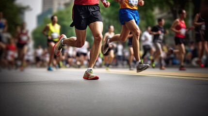 Fototapeta premium Runners running in city marathon, motion blur on sporty legs.