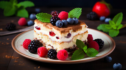 cheesecake with berries and mint
