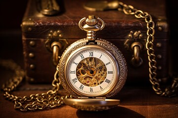 Round antique gold pocket watch with an open lid next to an ancient suitcase, valise. passing time. Collecting antiques - obrazy, fototapety, plakaty