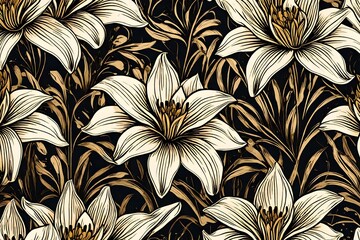 Vintage luxury seamless floral background with golden lilies flowers. Romantic pattern template for wall decor, wallpaper, wedding invitations, ceremonies, cards