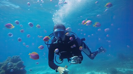 Scuba diver blows air bubble rings underwater.].