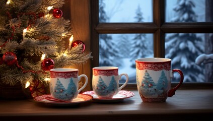 Fototapeta premium Two Cups and a Saucer on a Festive Table in Front of a Christmas Tree