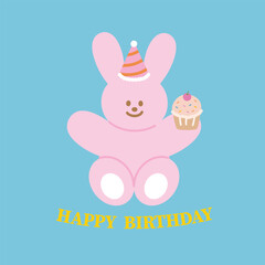 Bunny, party hat, cupcake, HAPPY BIRTHDAY letters for birthday card, standee, sticker, cartoon character, animal print, background, wallpaper, ad template, easter, cafe, bakery, pastry, menu, recipe