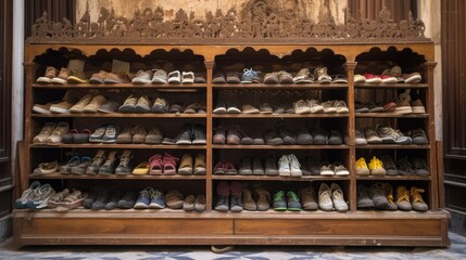 Shoe rack at the entrance to the mosque of Muhammad Ali, Cairo, Egypt. - obrazy, fototapety, plakaty