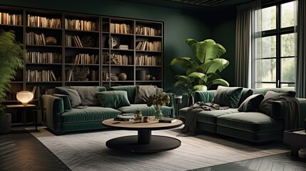Living room, monochrome dark green colors. Interior design - obrazy, fototapety, plakaty