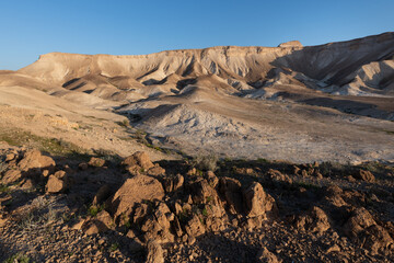 Fototapeta premium Early morning light on the brown and barren Judean Desert in Israel