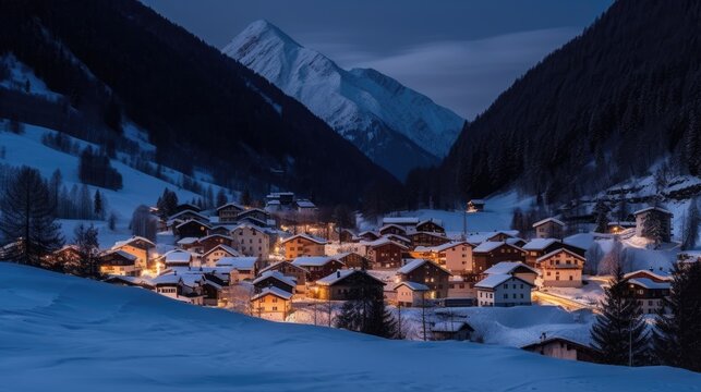 Snow covered village of Ardez brightly lit during the winter dusk, canton of Graubunden, Engadine, Switzerland.