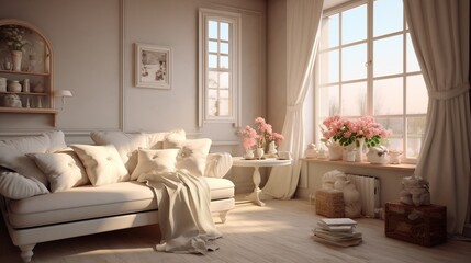 Fototapeta premium Modern cozy living room. Chabby shic style. Pastel colors
